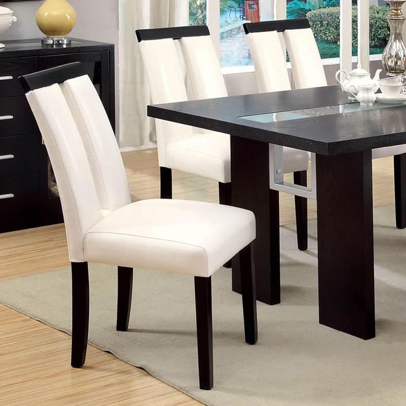Modern white dining chair with dark wood legs and black accent