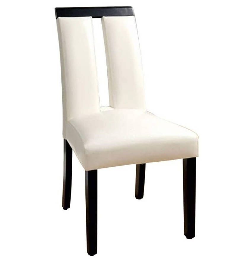 White faux leather dining chair with black wood legs and modern cutout back