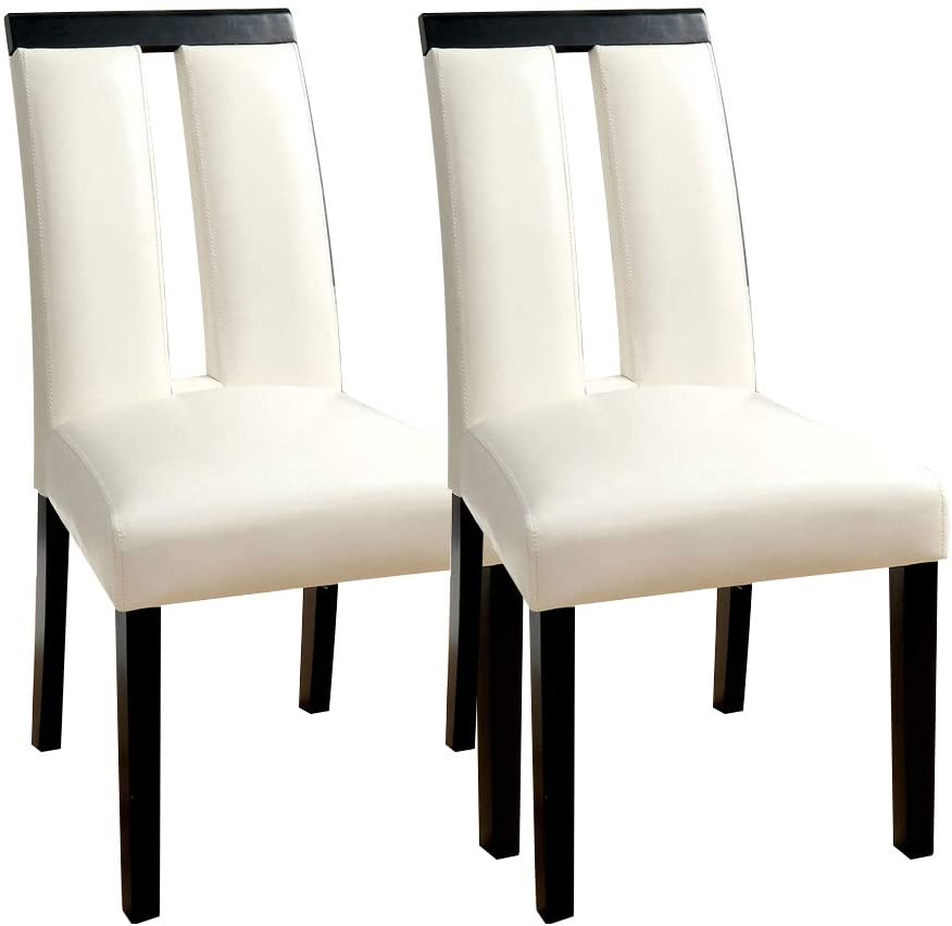 Modern white faux leather dining chairs with dark wood legs