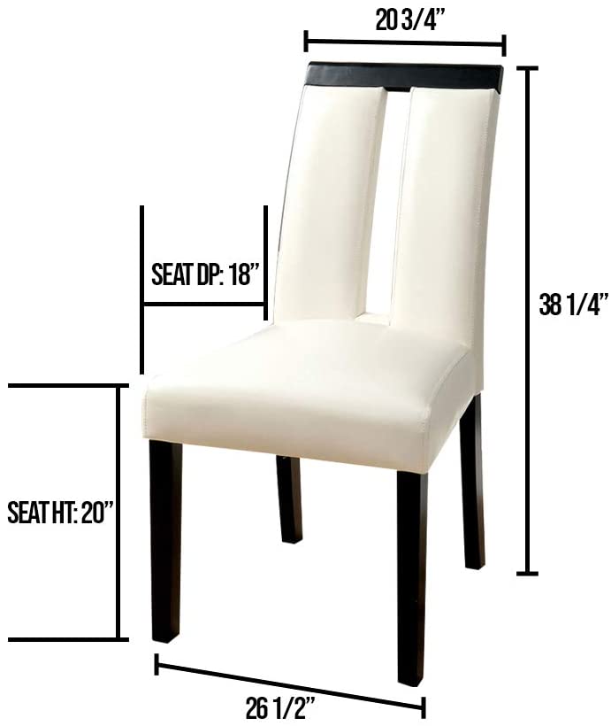 Cream upholstered dining chair with dark wood legs and cutout back