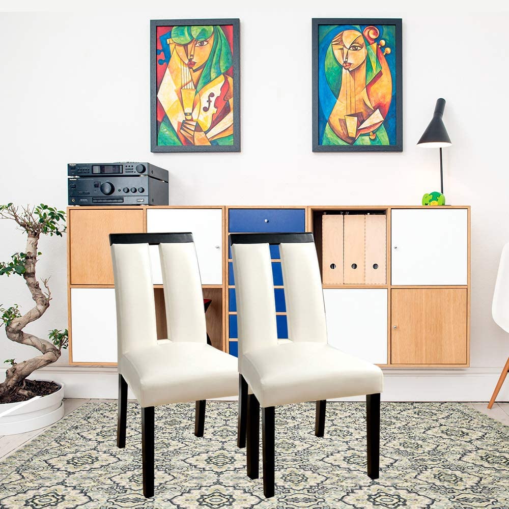 Cream upholstered dining chairs with black legs set