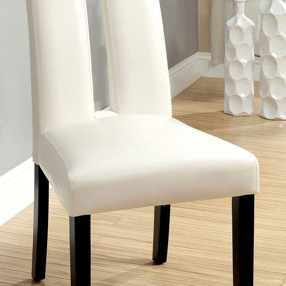 Cream upholstered dining chair with split back and black legs