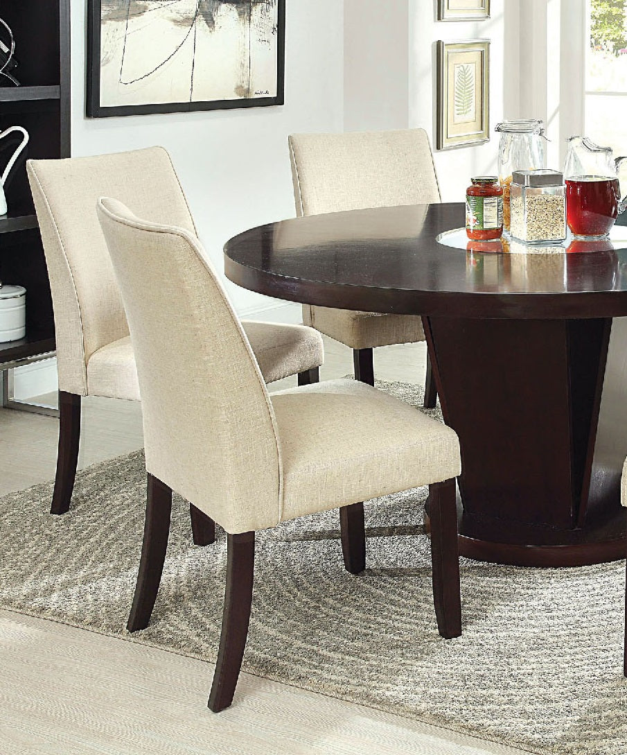 Upholstered dining chair with beige linen fabric and dark wood legs