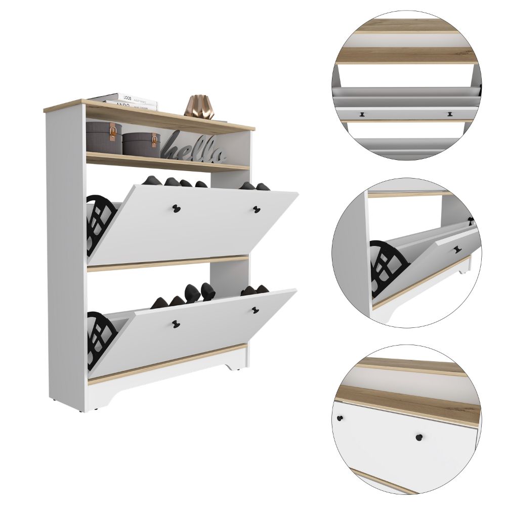Modern white and wood entryway shoe cabinet with two flipdown drawers
