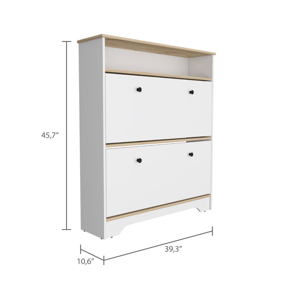 White shoe cabinet with two flipdown drawers and oakeffect top