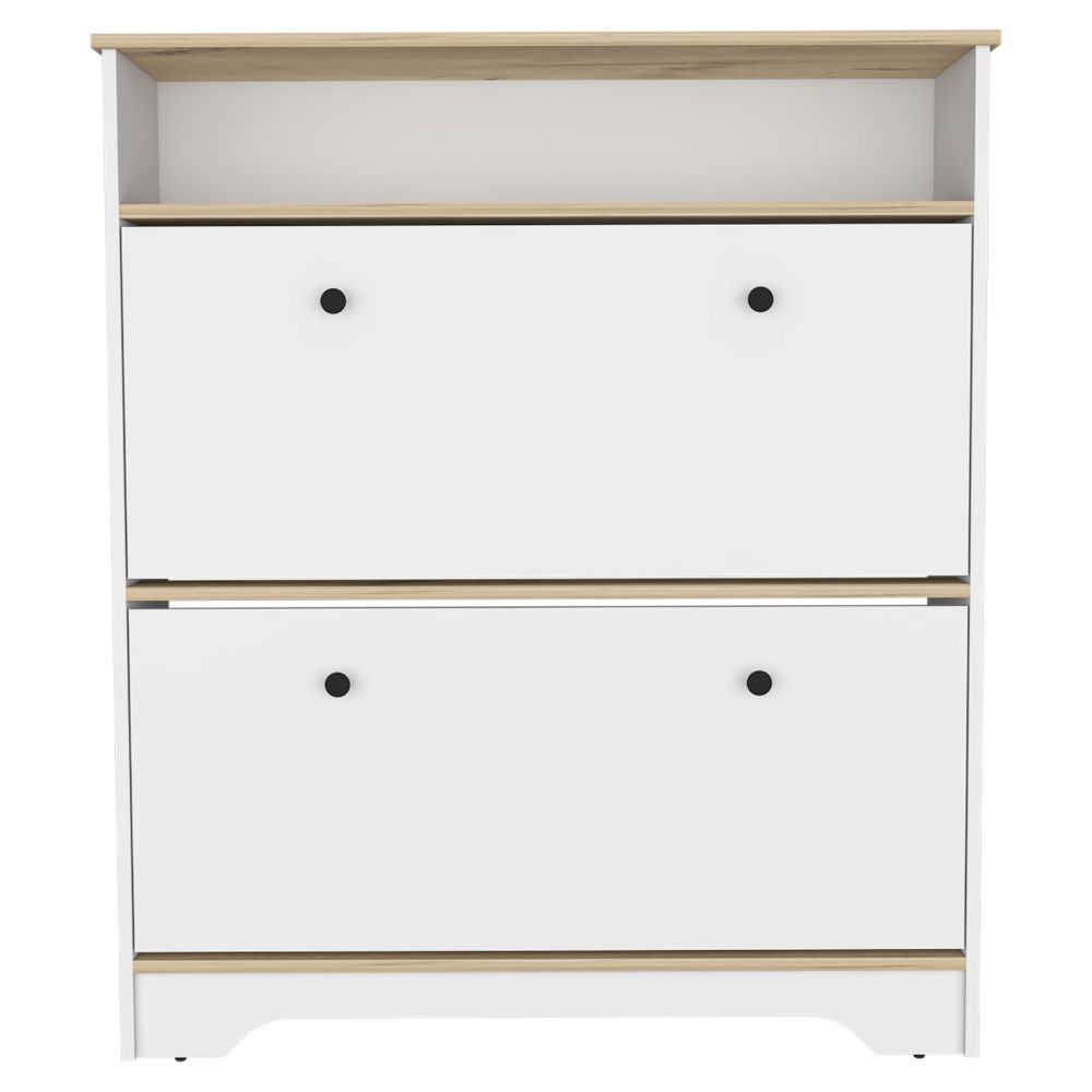 White twodrawer shoe cabinet with light oak trim