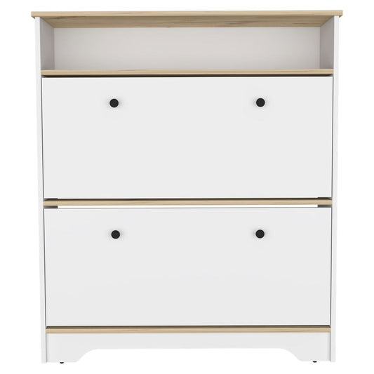 White twodrawer shoe cabinet with light oak trim