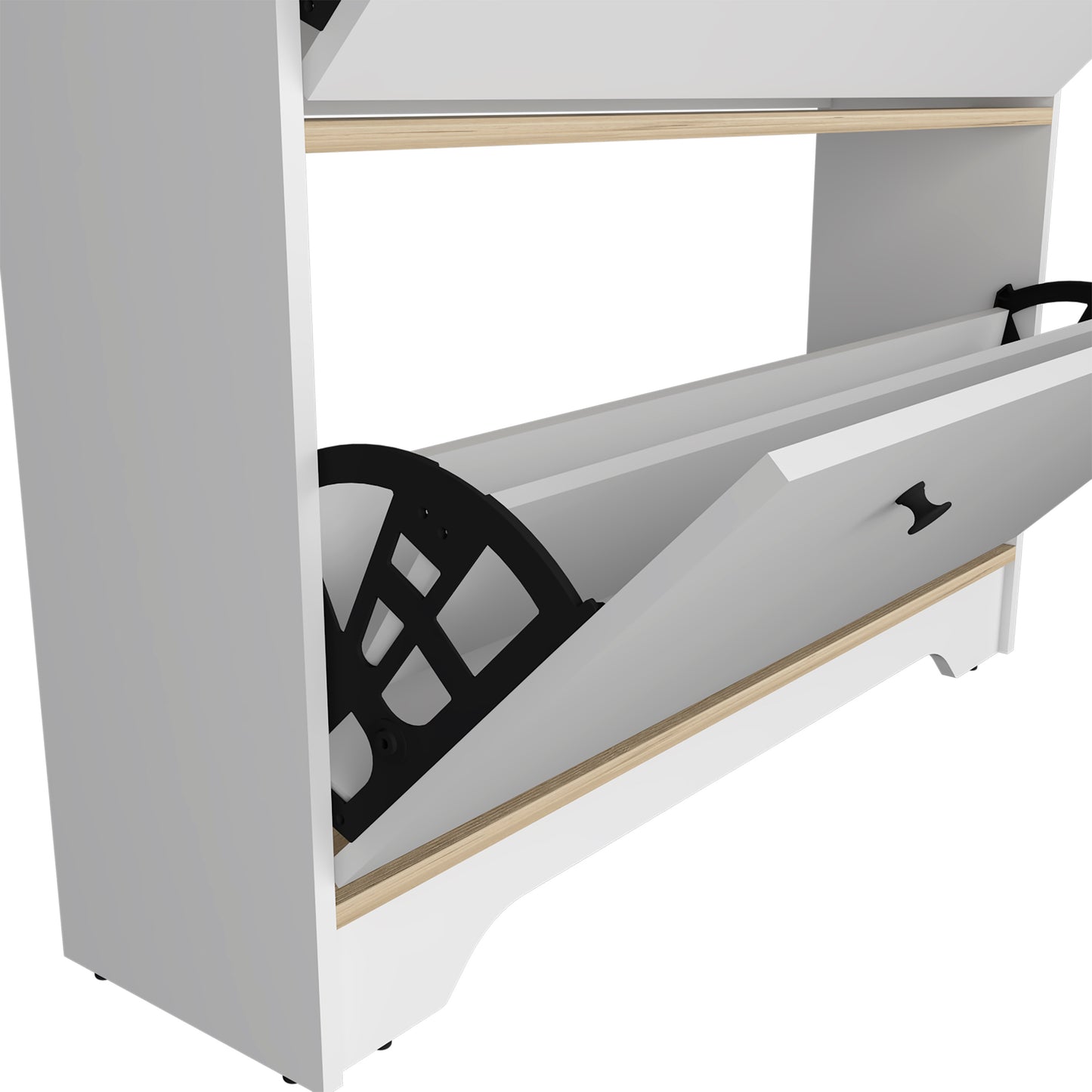 White shoe cabinet with two flipout drawers and wood accents