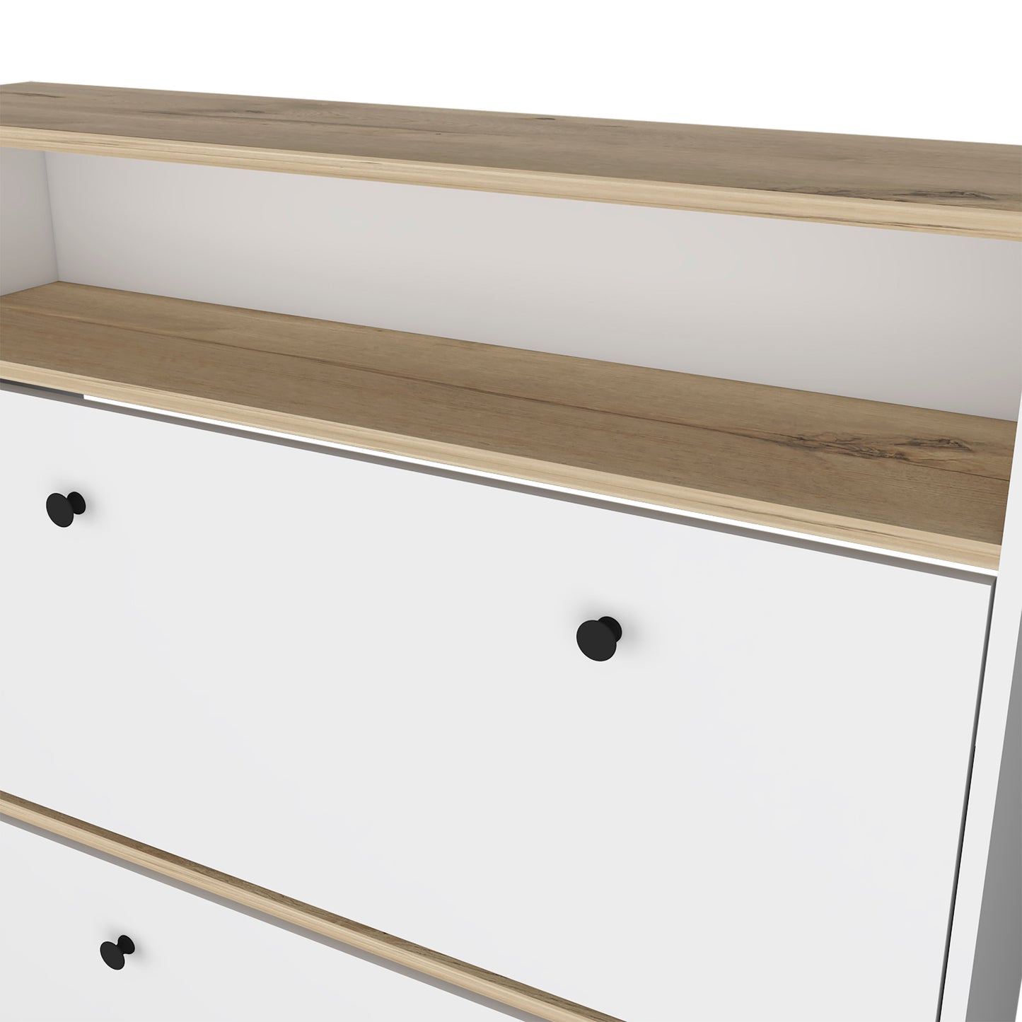 White dresser with wood accents and black knobs
