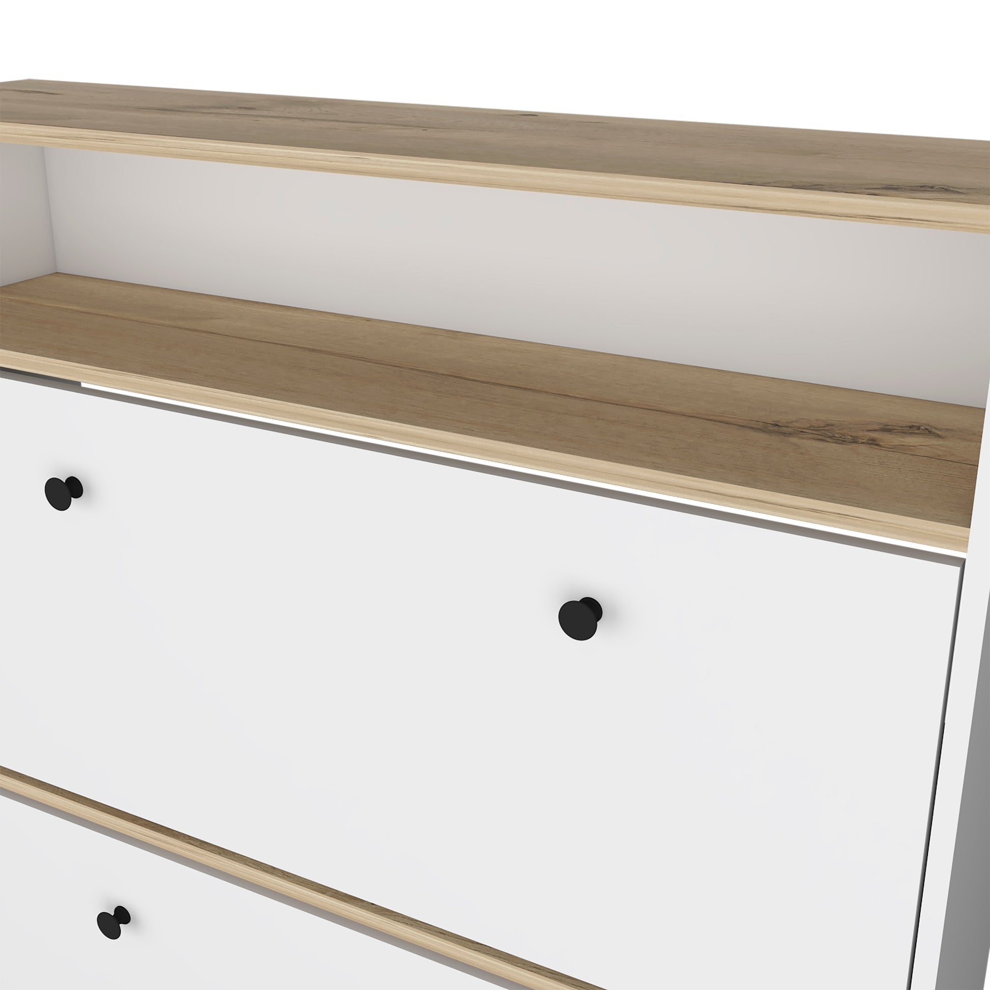White dresser with wood accents and black knobs
