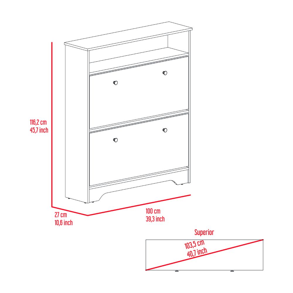 White wooden shoe cabinet with two flipdown doors