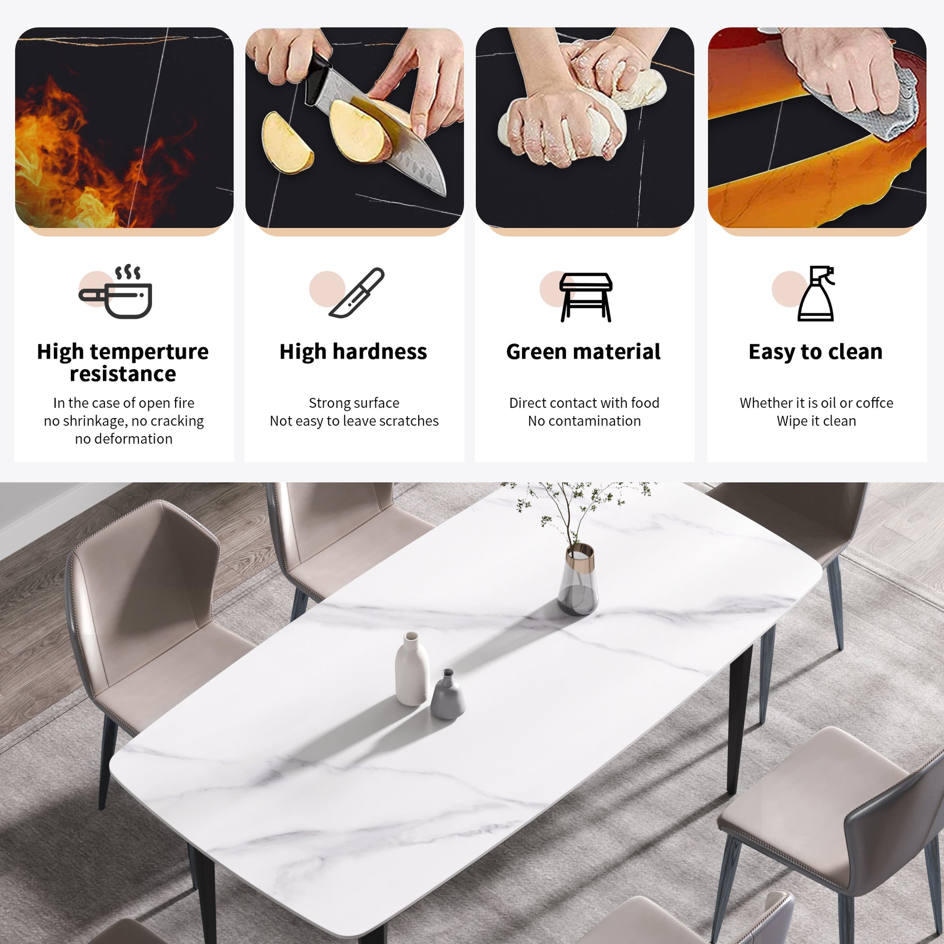 White marble dining table with modern chairs