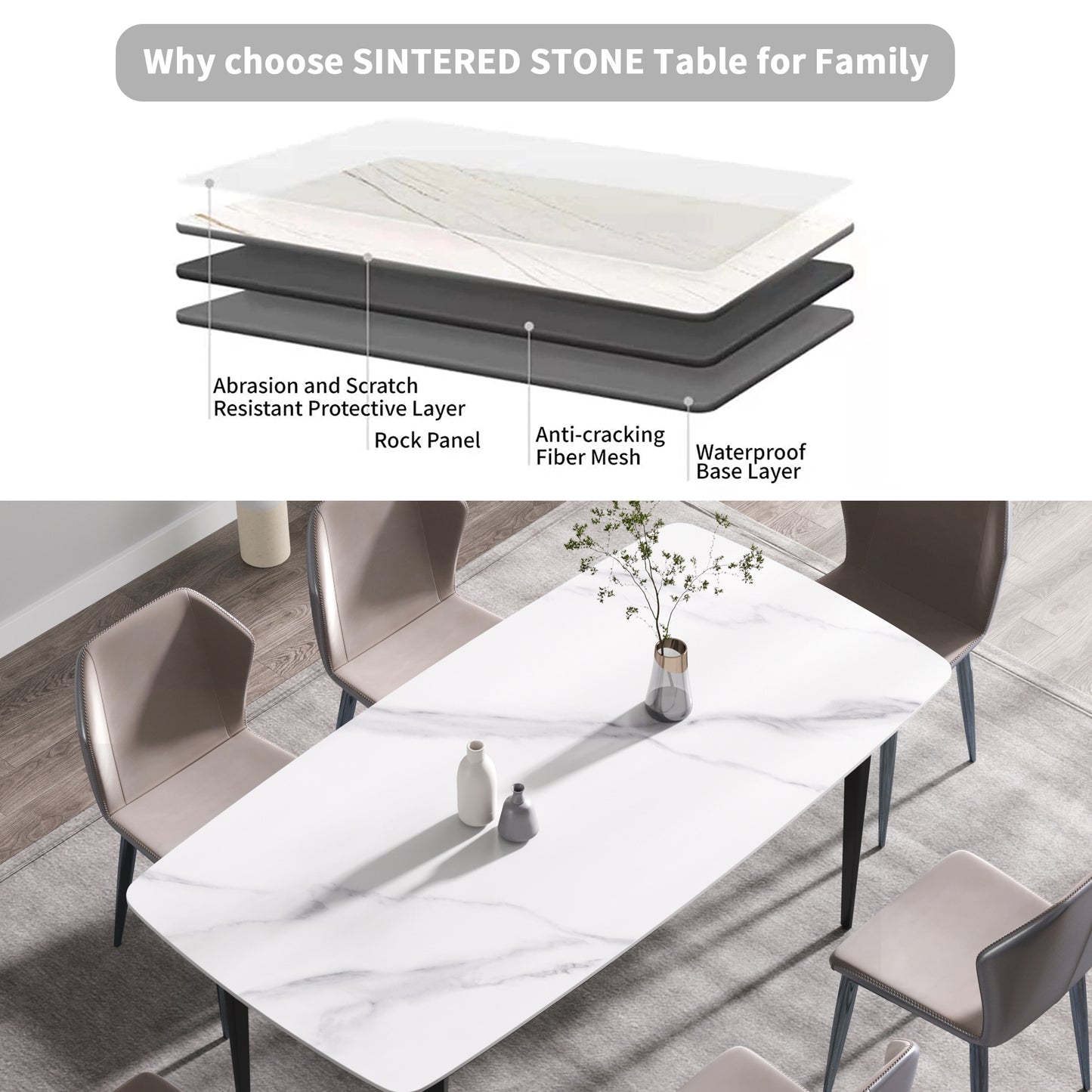 White sintered stone dining table with marble pattern and grey chairs