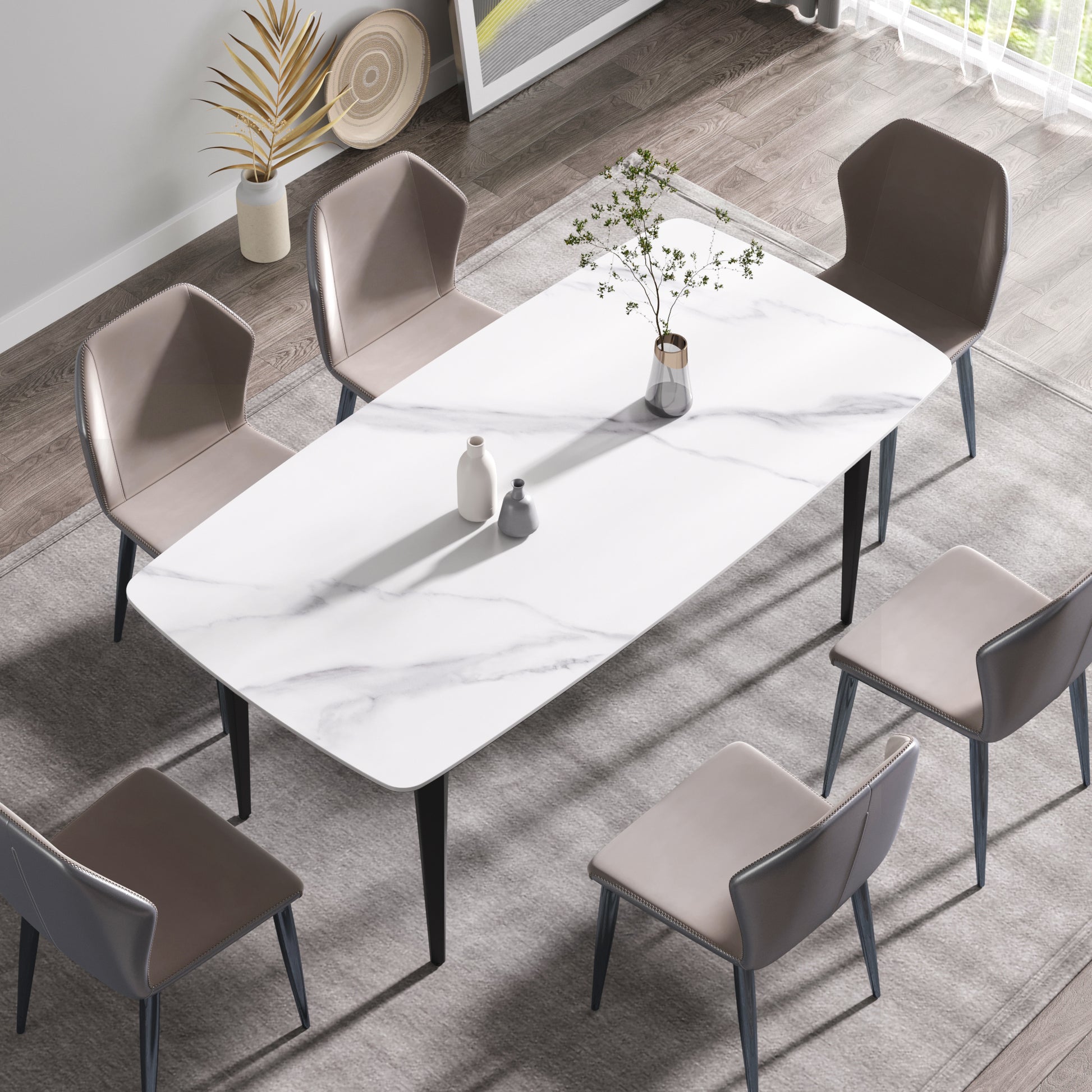 Modern white marble dining table with six upholstered chairs