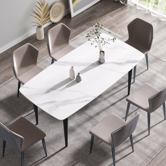 Modern white marble dining table with six upholstered chairs