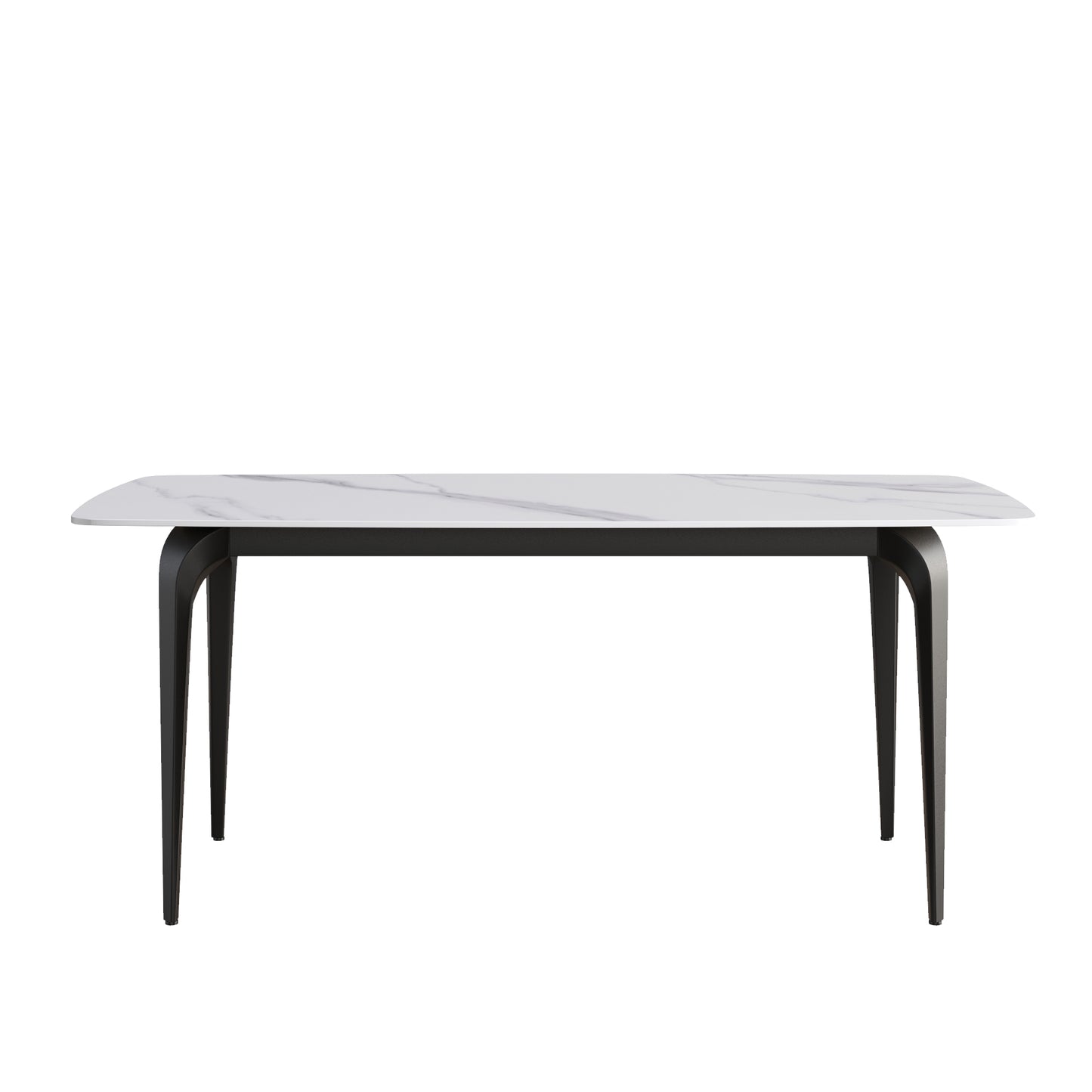 Modern rectangular dining table with white marbleeffect ceramic top and black metal legs