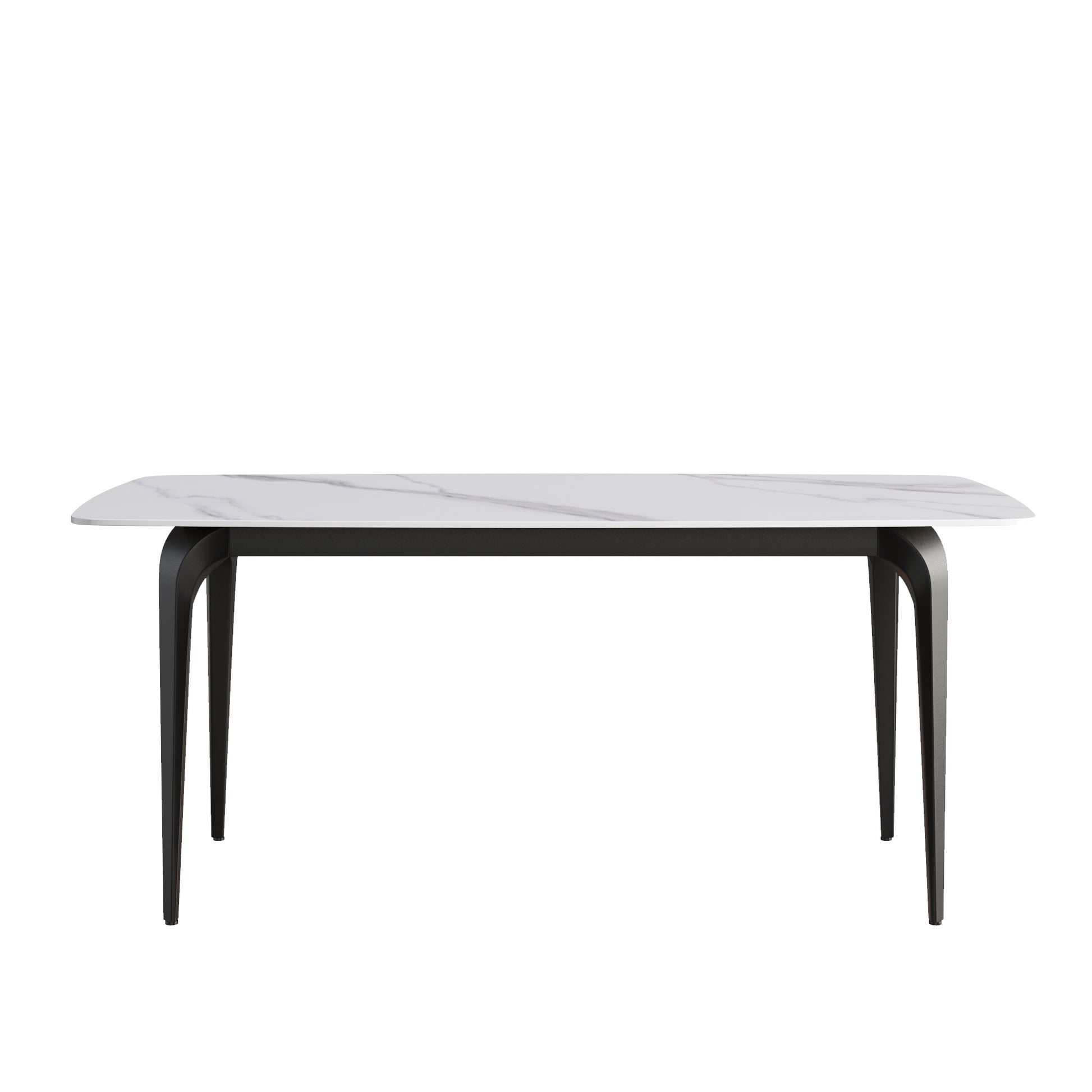 Modern rectangular dining table with white marbleeffect ceramic top and black metal legs