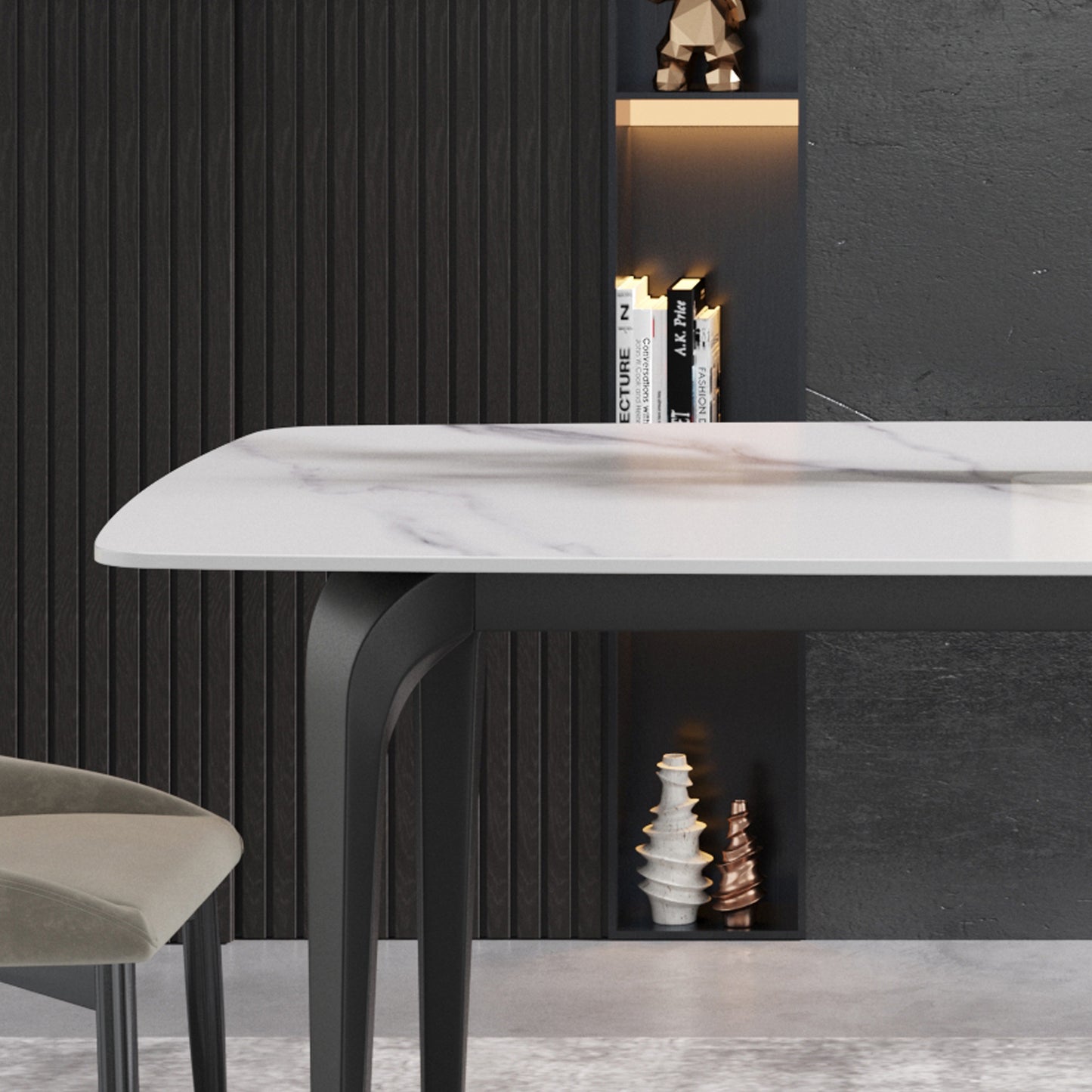 White marble top dining table with black curved legs