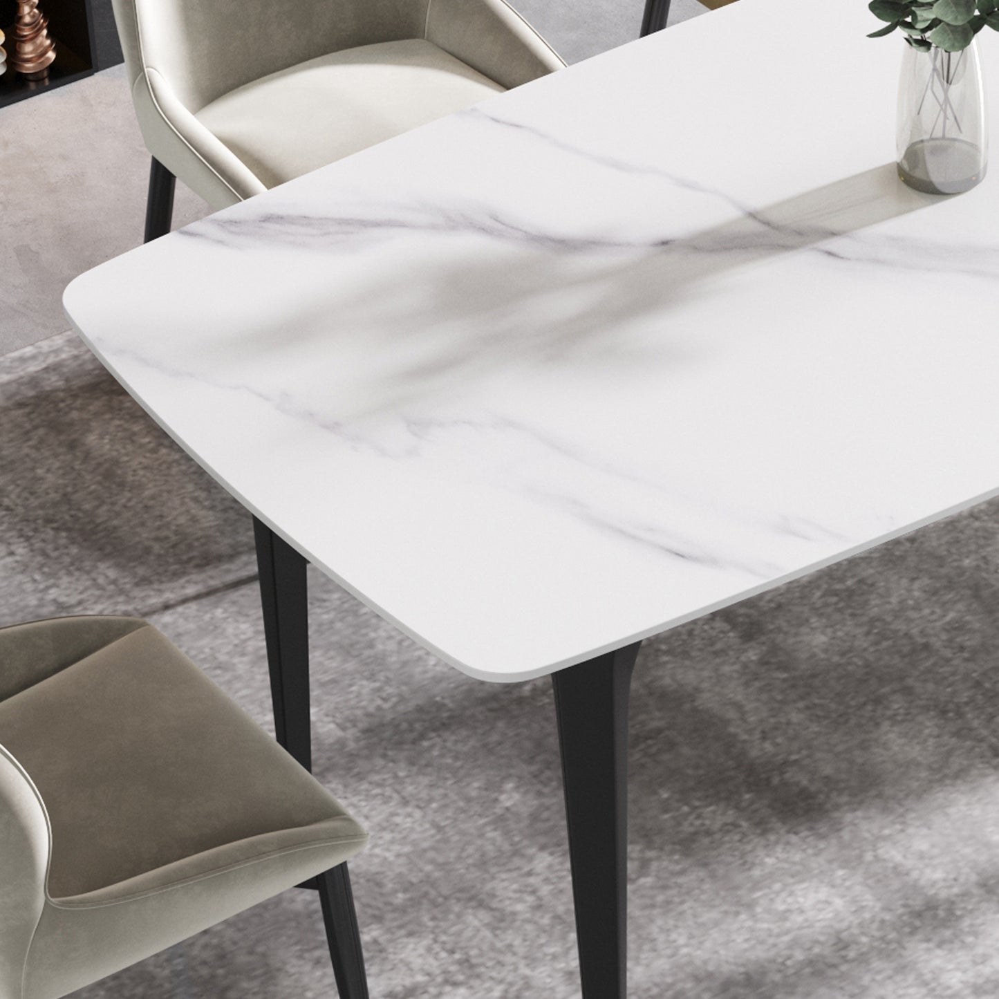 White marble dining table with black legs