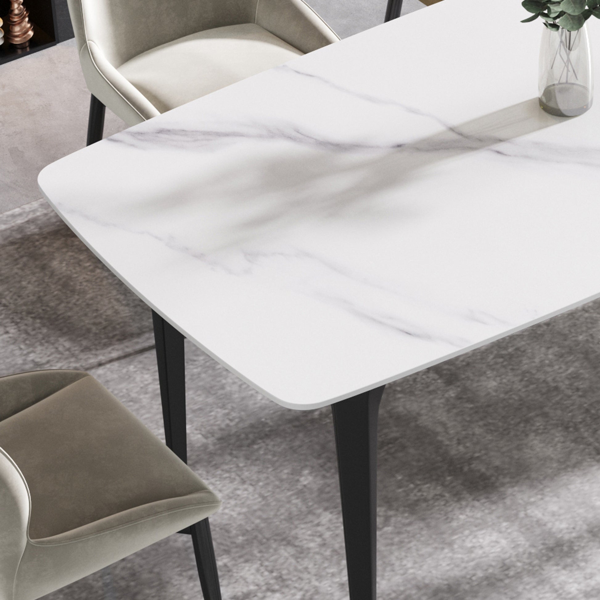 White marble dining table with black legs