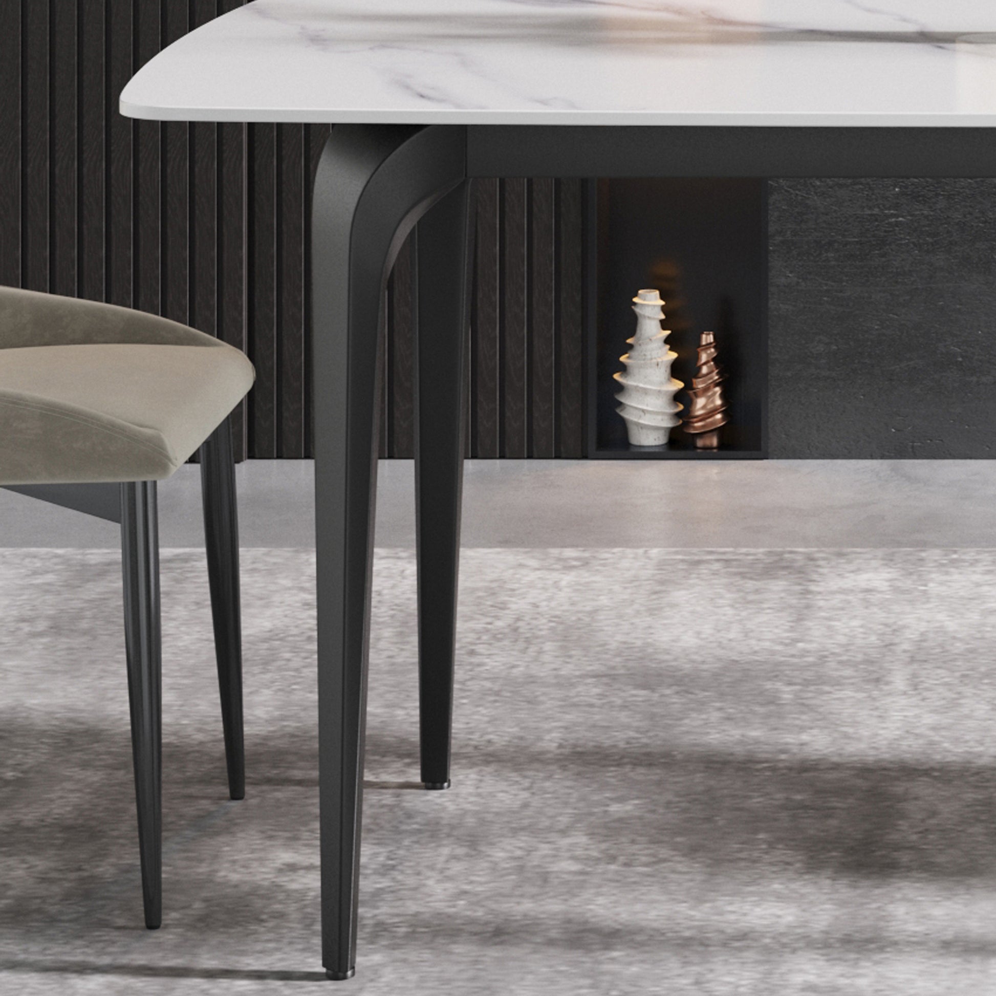 Modern dining table with white marble top and black metal legs