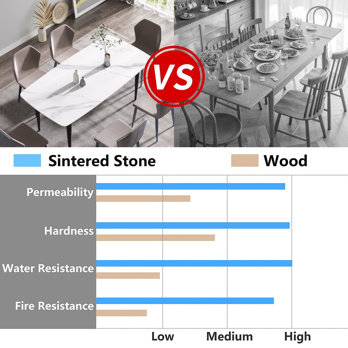 Sintered stone dining table with marblelike veining