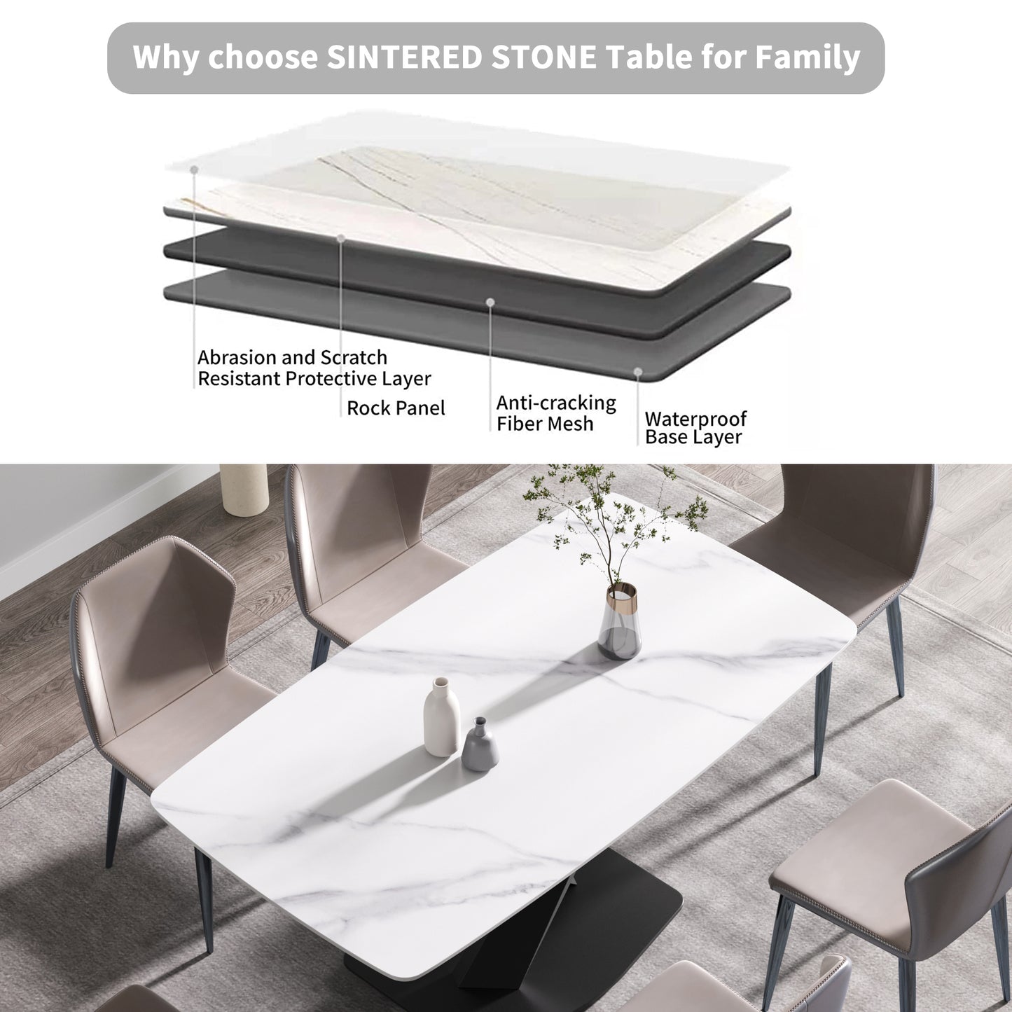 Closeup of a white marble sintered stone dining table with grey veining six upholstered chairs