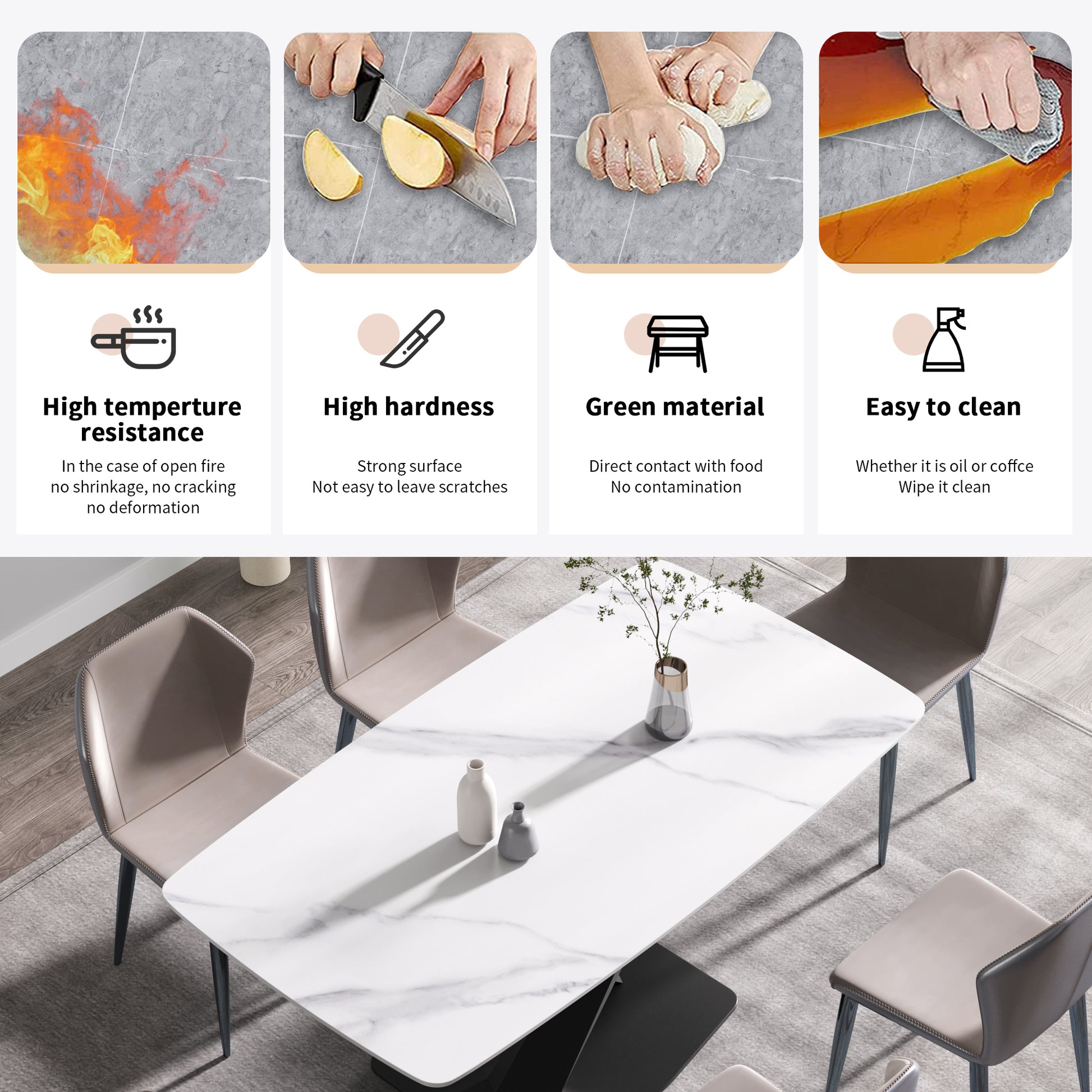 White marble dining table with modern chairs