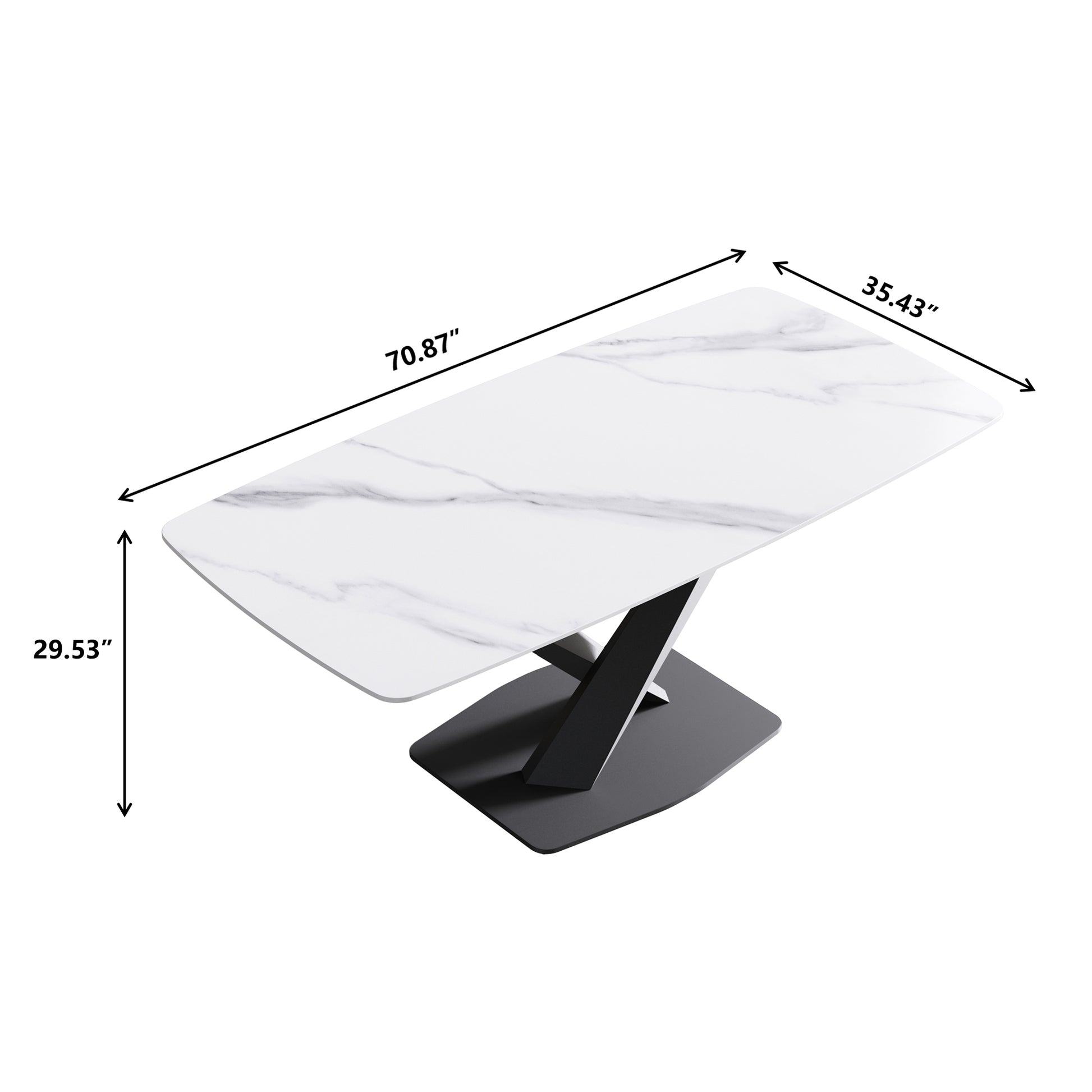 Modern white marble dining table with a black pedestal base