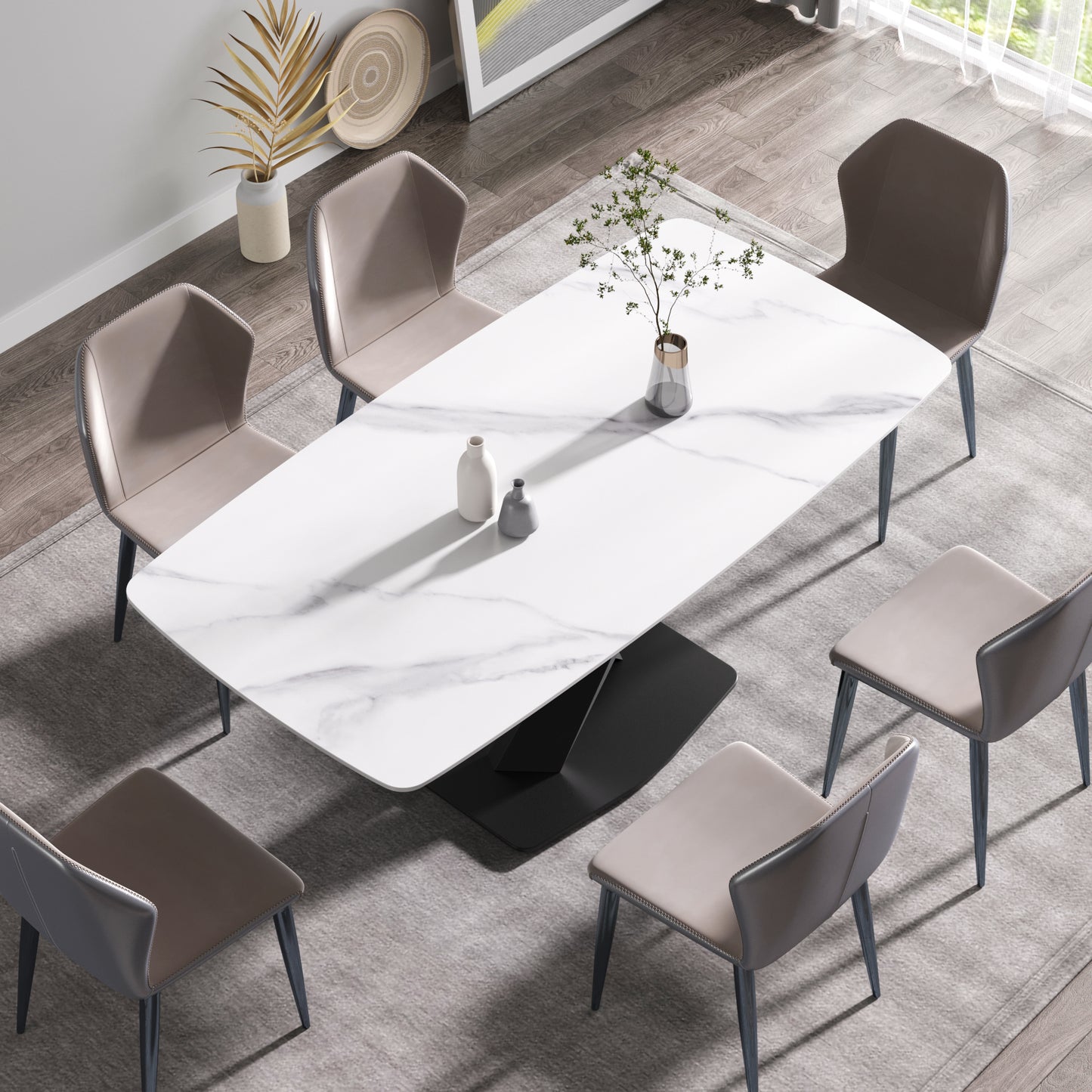Modern marble top dining table with six upholstered chairs