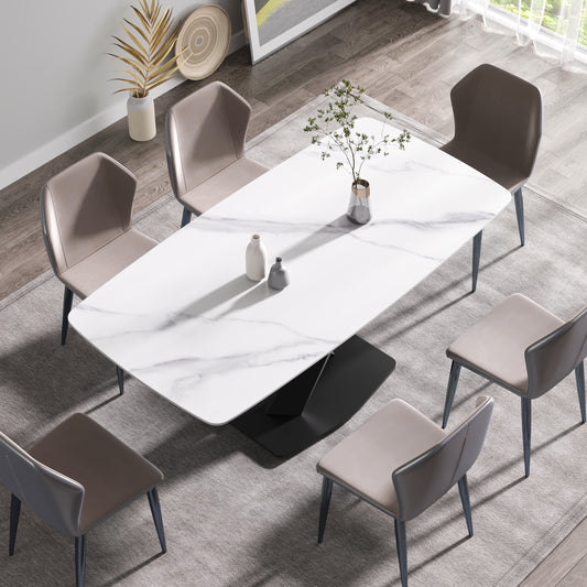 Modern marble top dining table with six upholstered chairs