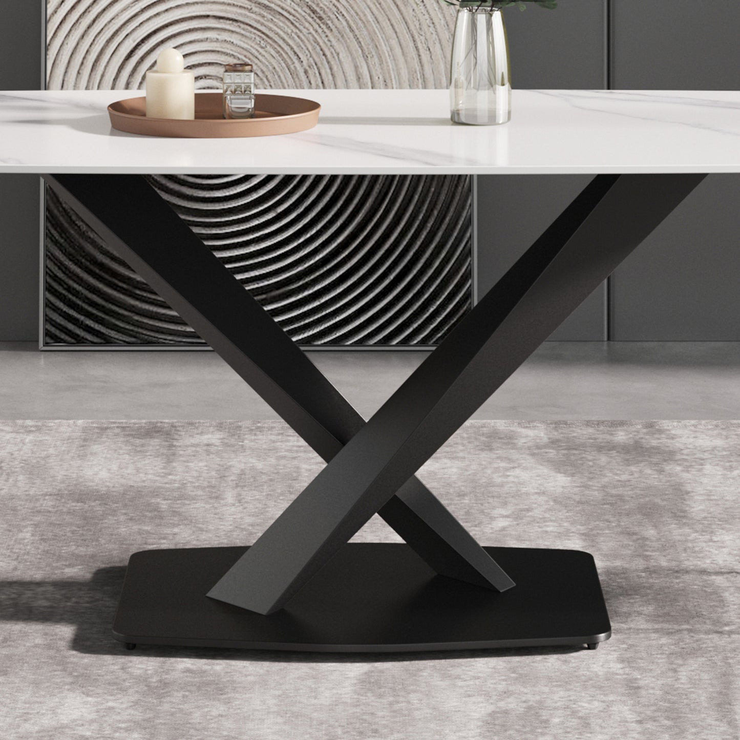 Modern marble dining table with a sleek black Xshaped pedestal base