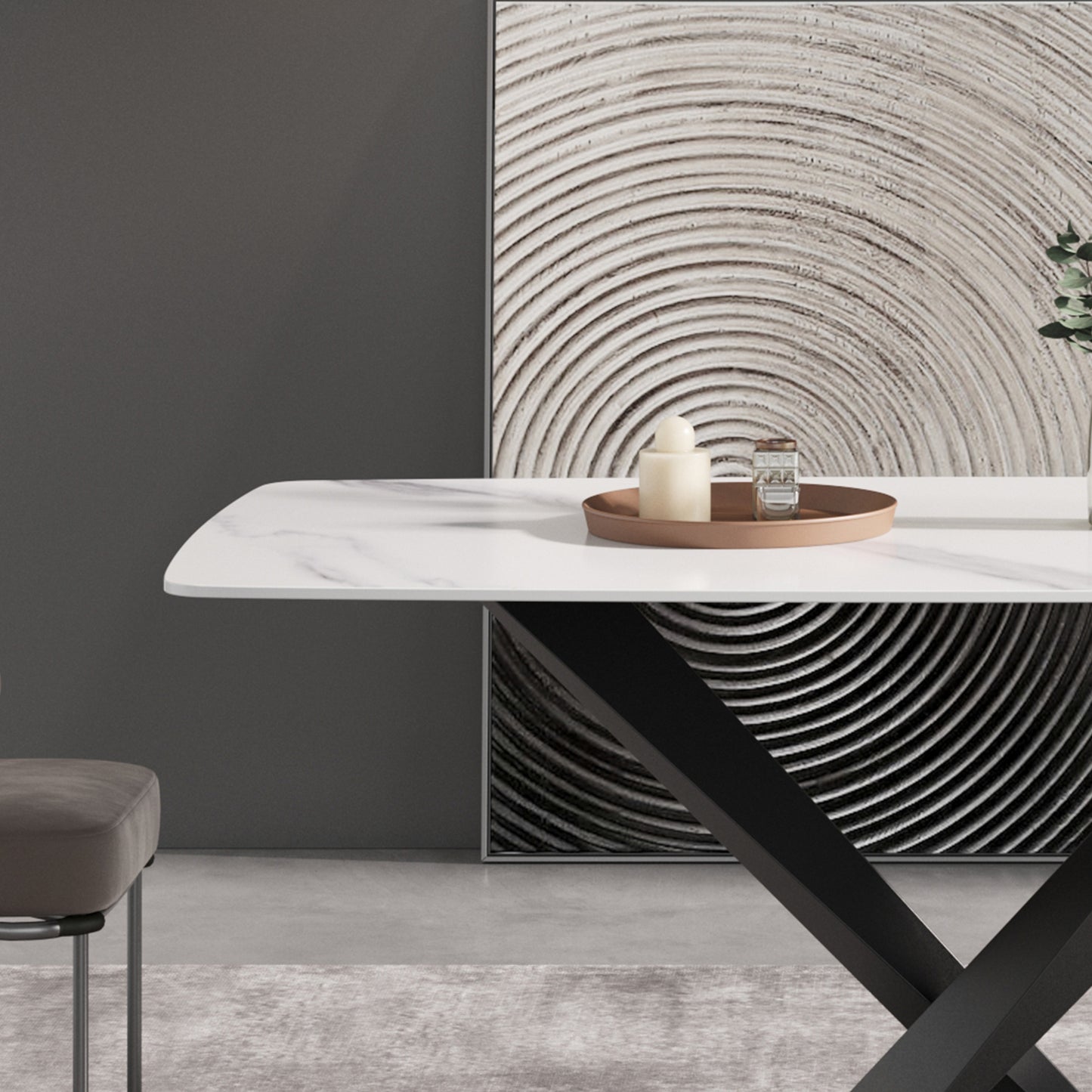 Modern marble top dining table with black Xleg base
