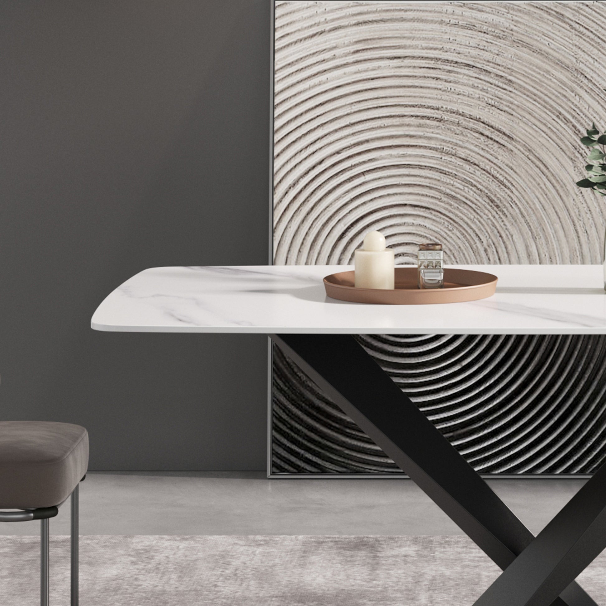 Modern marble top dining table with black Xleg base
