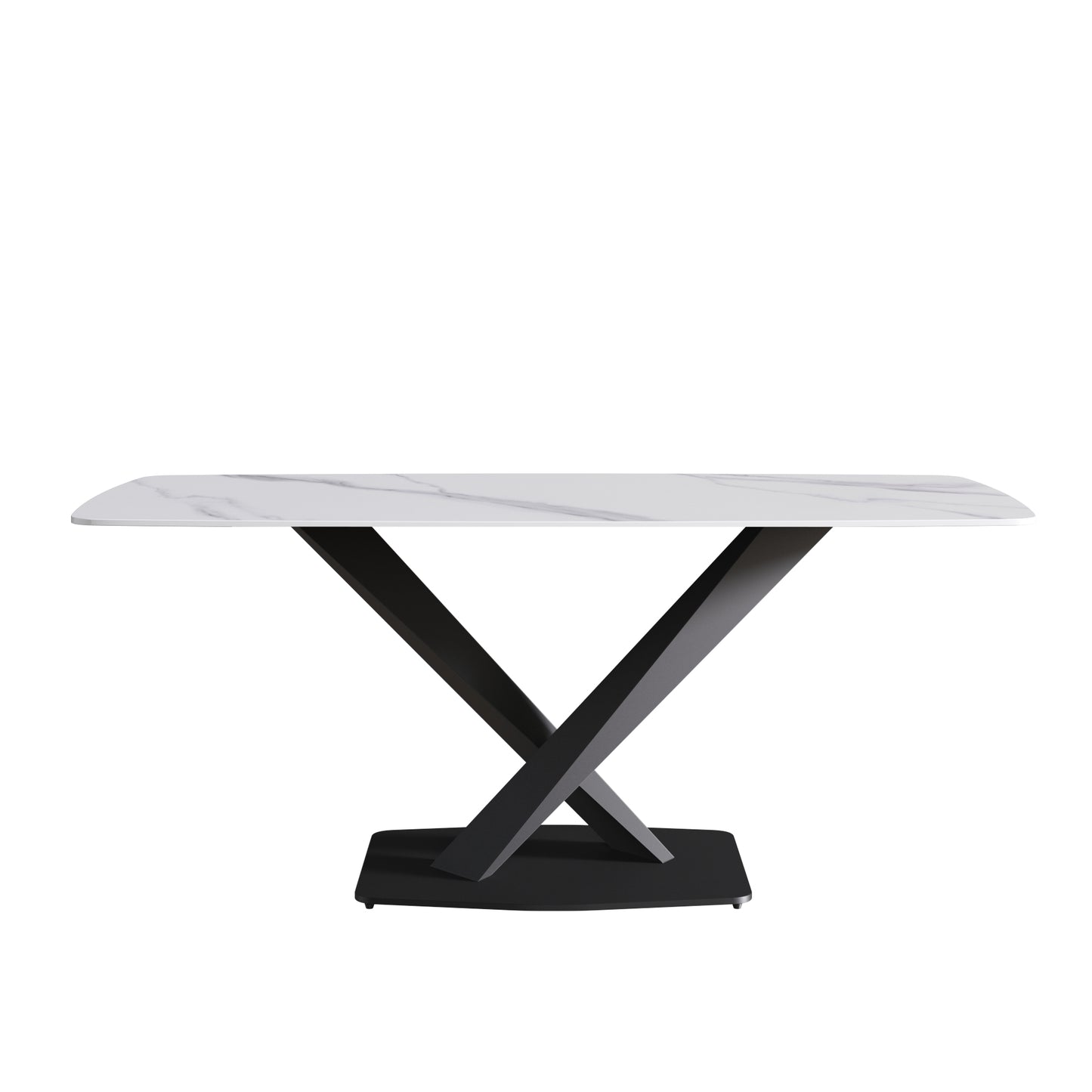Rectangular white marble ceramic dining table with matte black metal Xbase