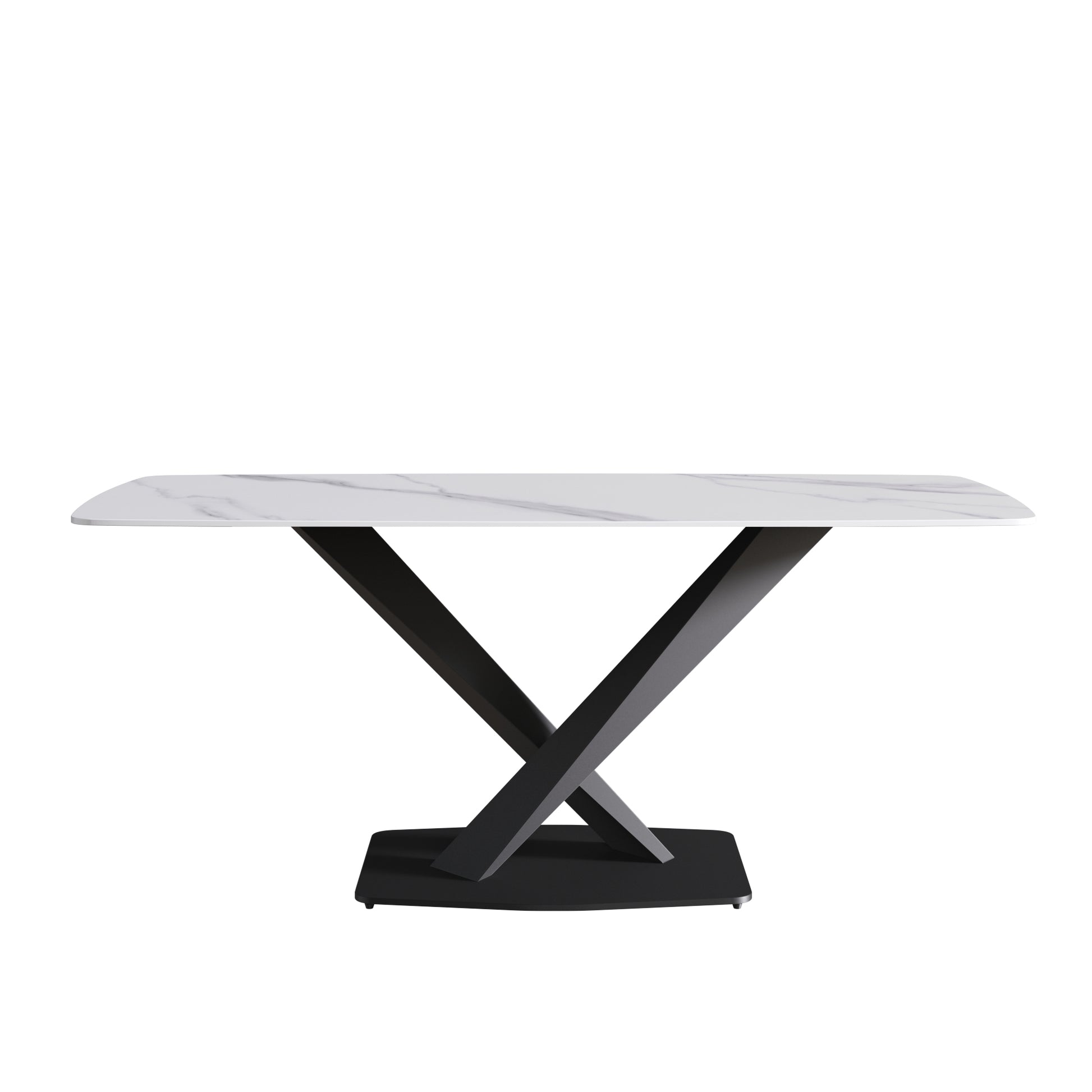 Rectangular white marble ceramic dining table with matte black metal Xbase