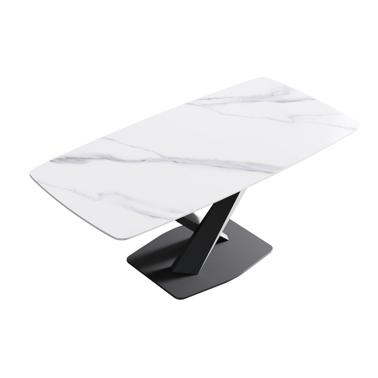Modern white marblelook dining table with black pedestal base