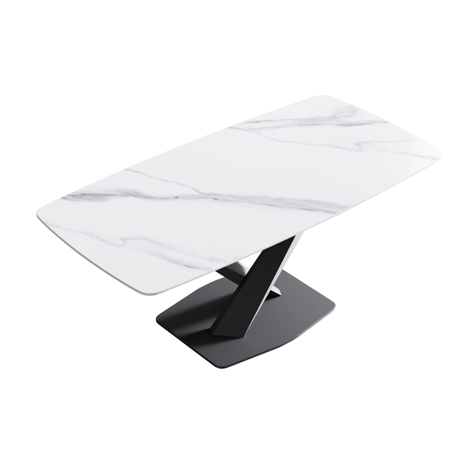 Modern white marblelook dining table with black pedestal base