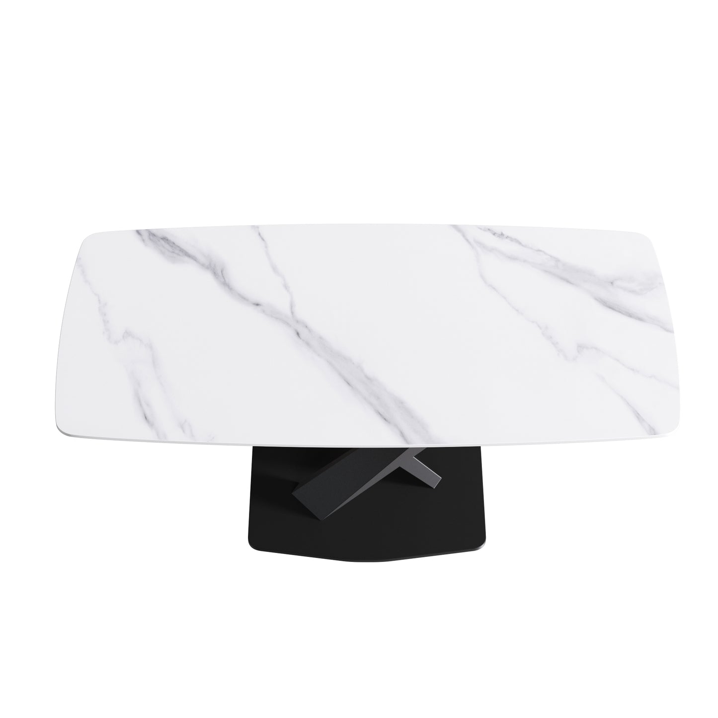 Modern white marble top dining table with black pedestal base