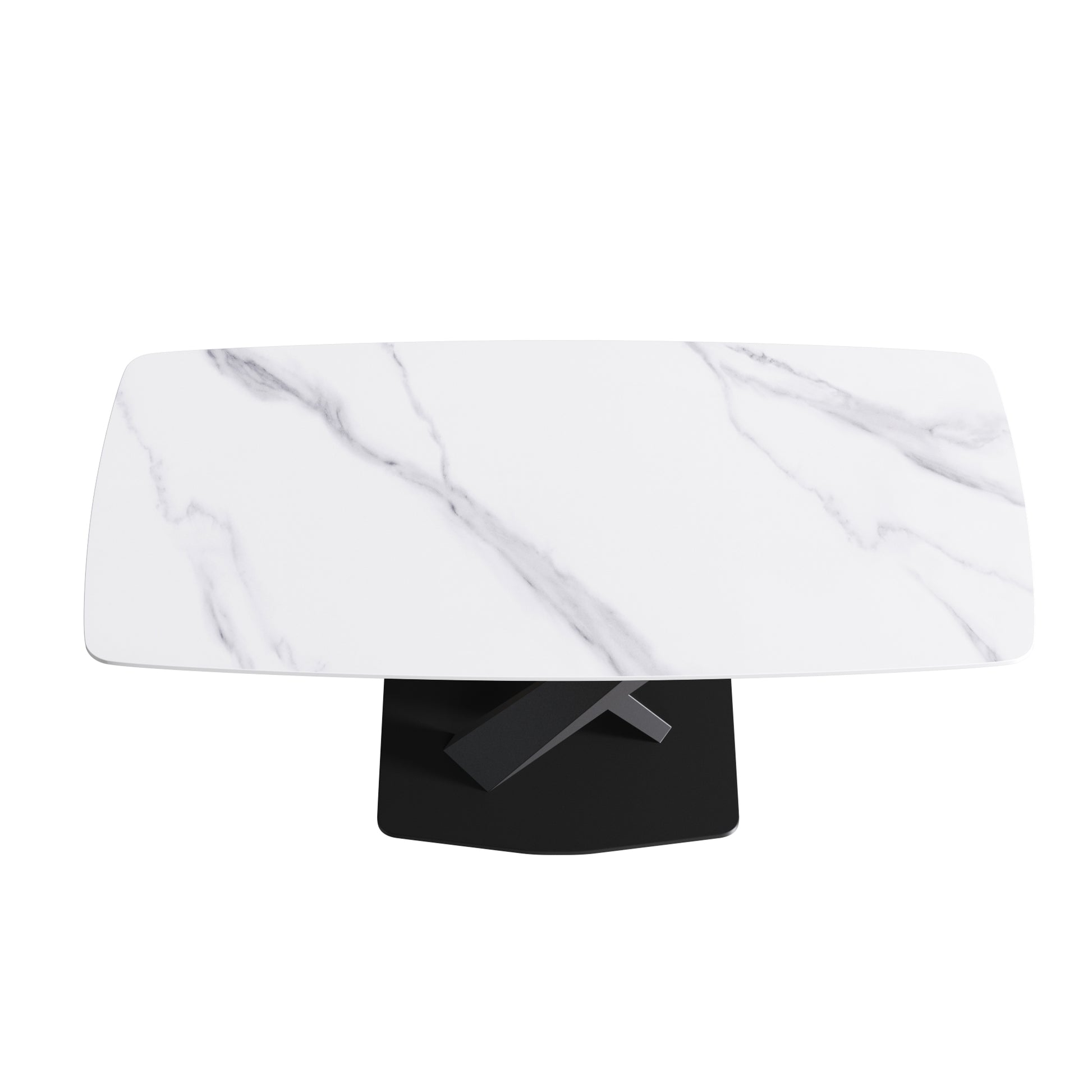 Modern white marble top dining table with black pedestal base