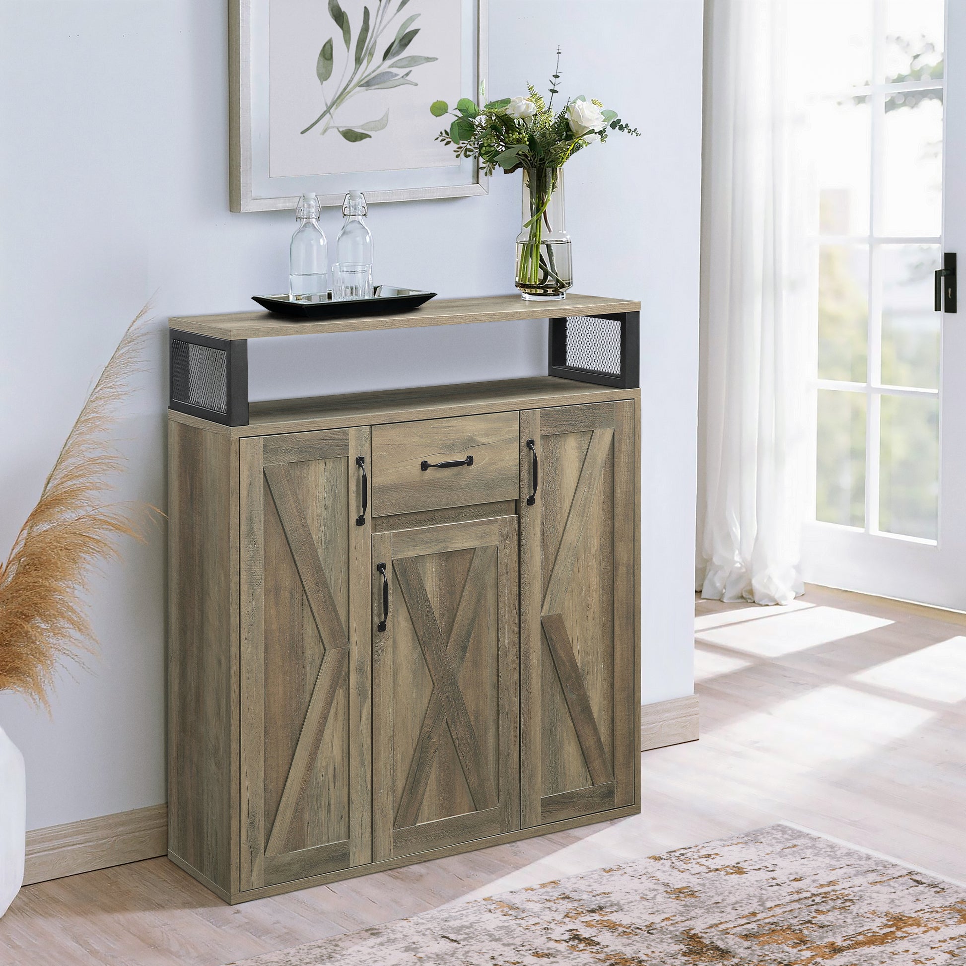 Rustic brown farmhouse cabinet with barn door style and black metal accents