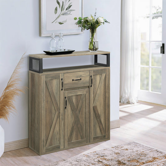 Rustic brown farmhouse cabinet with barn door style and black metal accents
