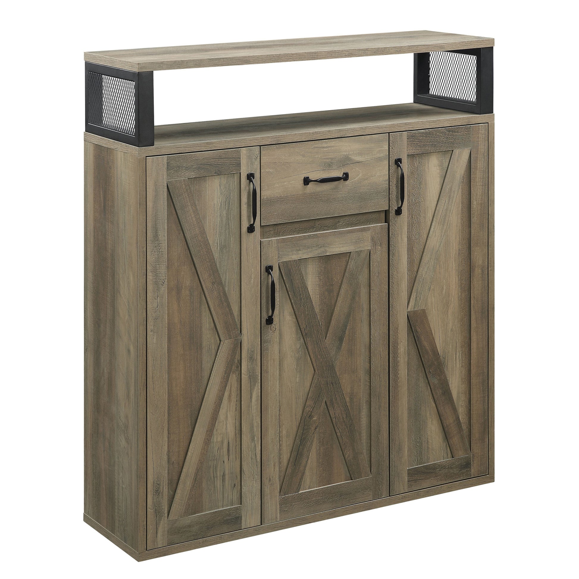 Rustic wood media console with black metal accents and three barn doors