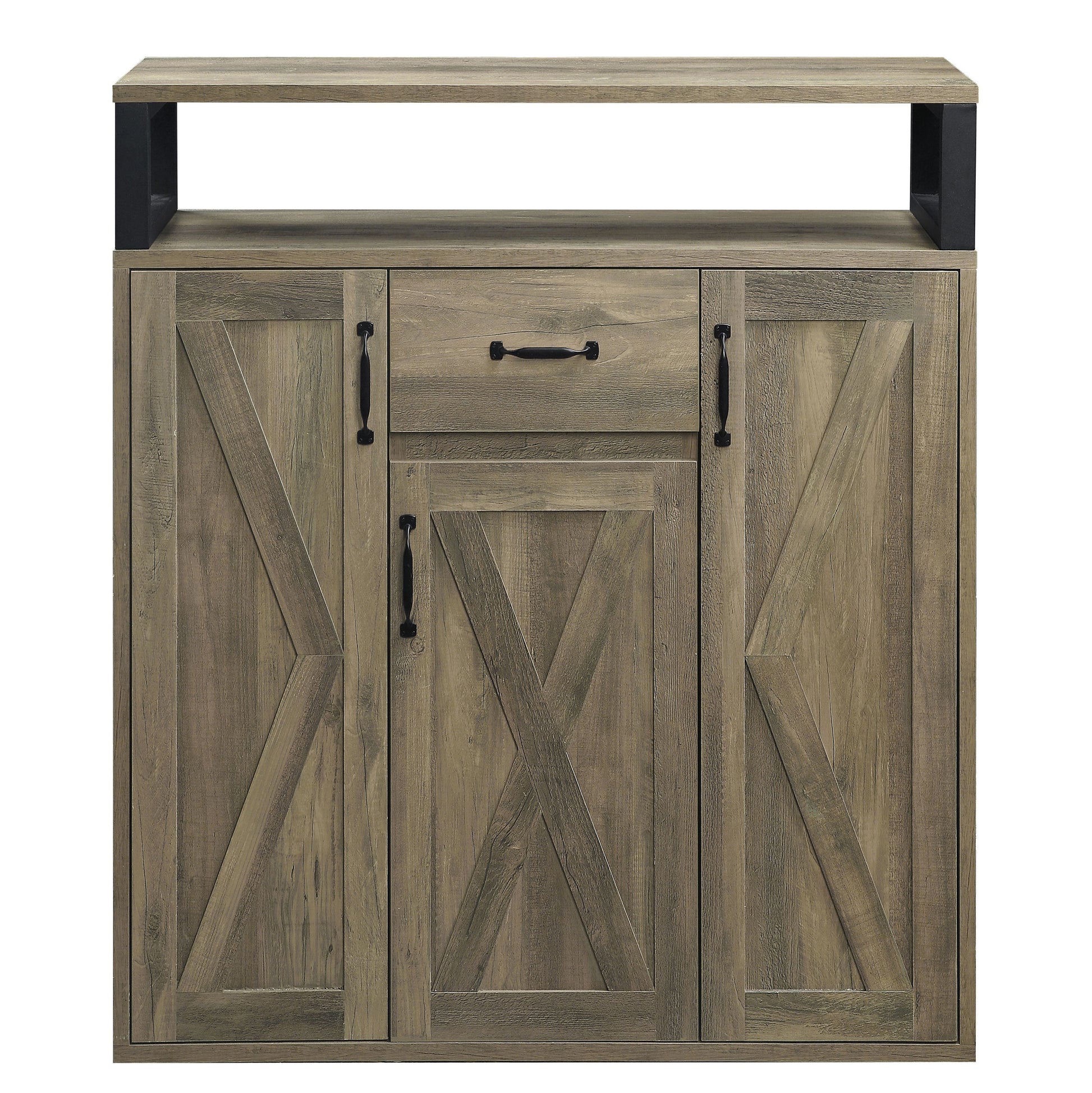 Rustic brown wood cabinet with black metal accents and barn doorstyle doors