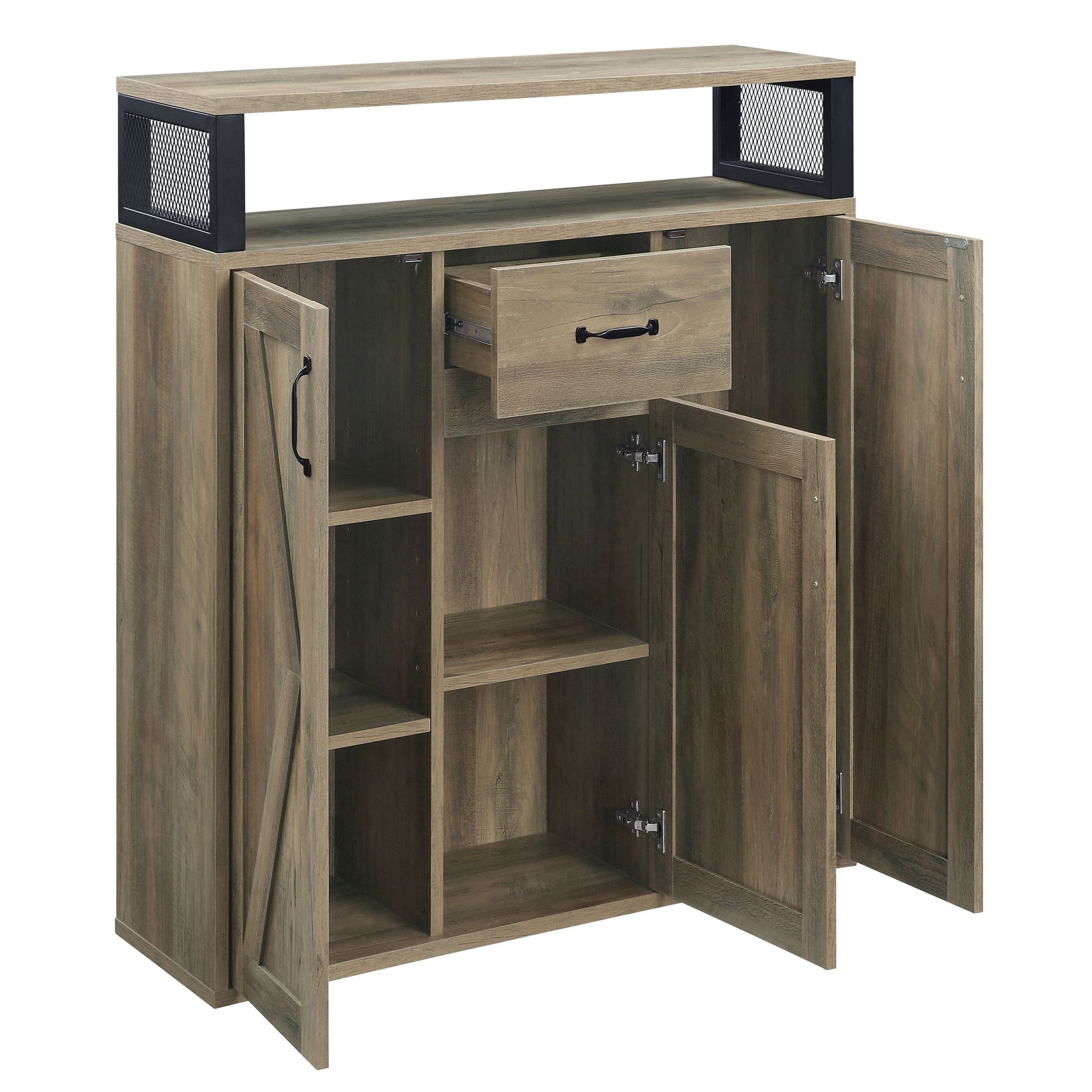 Rustic brown wood accent cabinet with black metal mesh details and one drawer