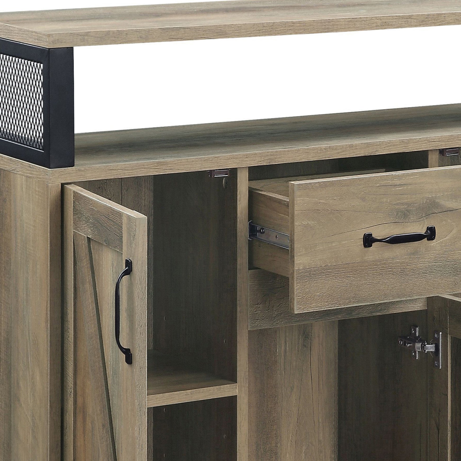 Rustic farmhouse sideboard with weathered wood finish and black hardware