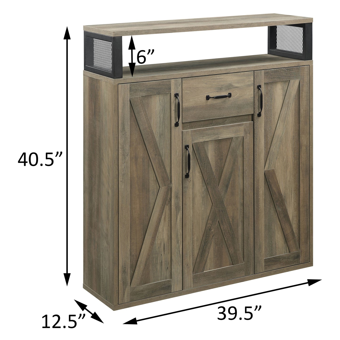 Rustic wood buffet with three doors and a single drawer in weathered oak finish