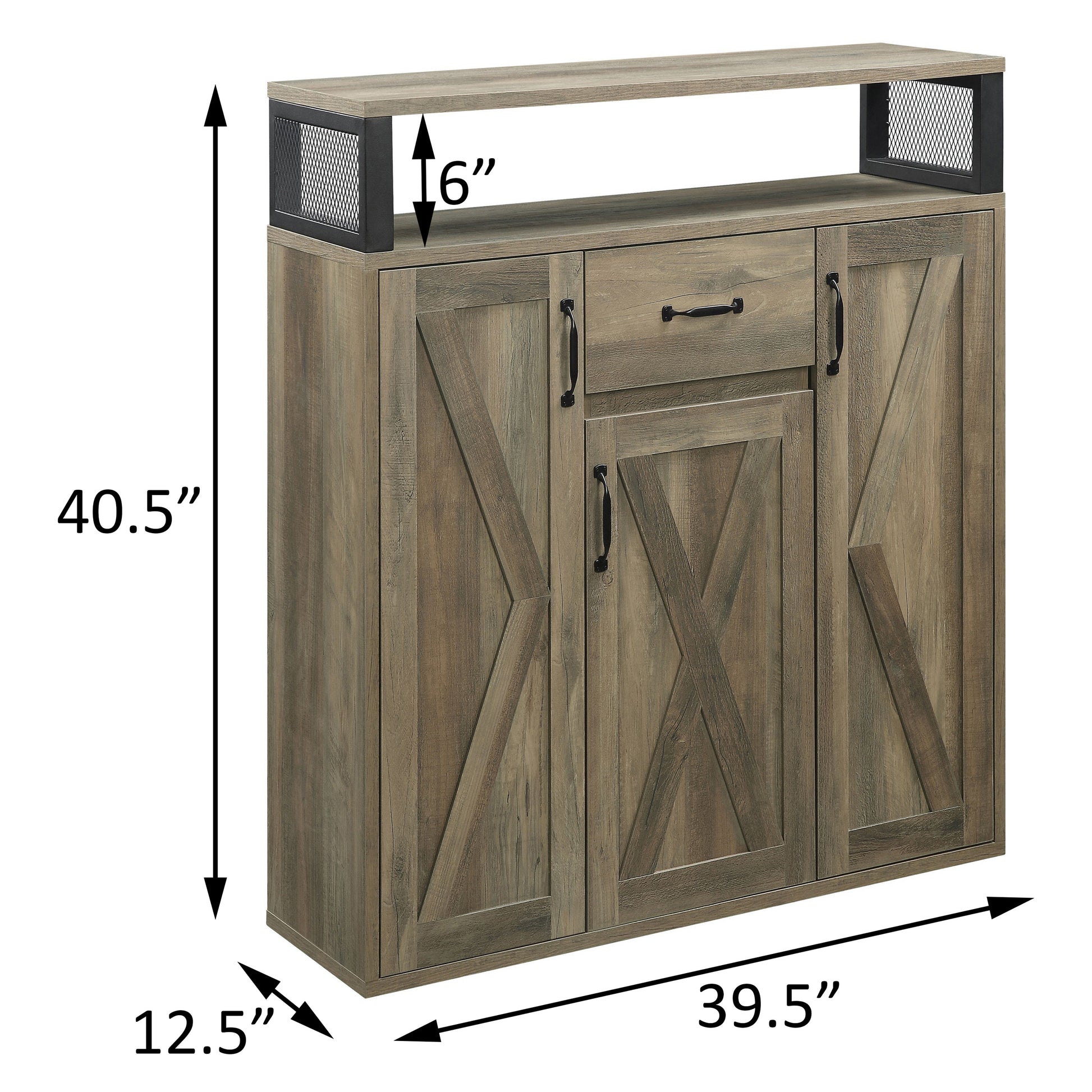 Rustic wood buffet with three doors and a single drawer in weathered oak finish