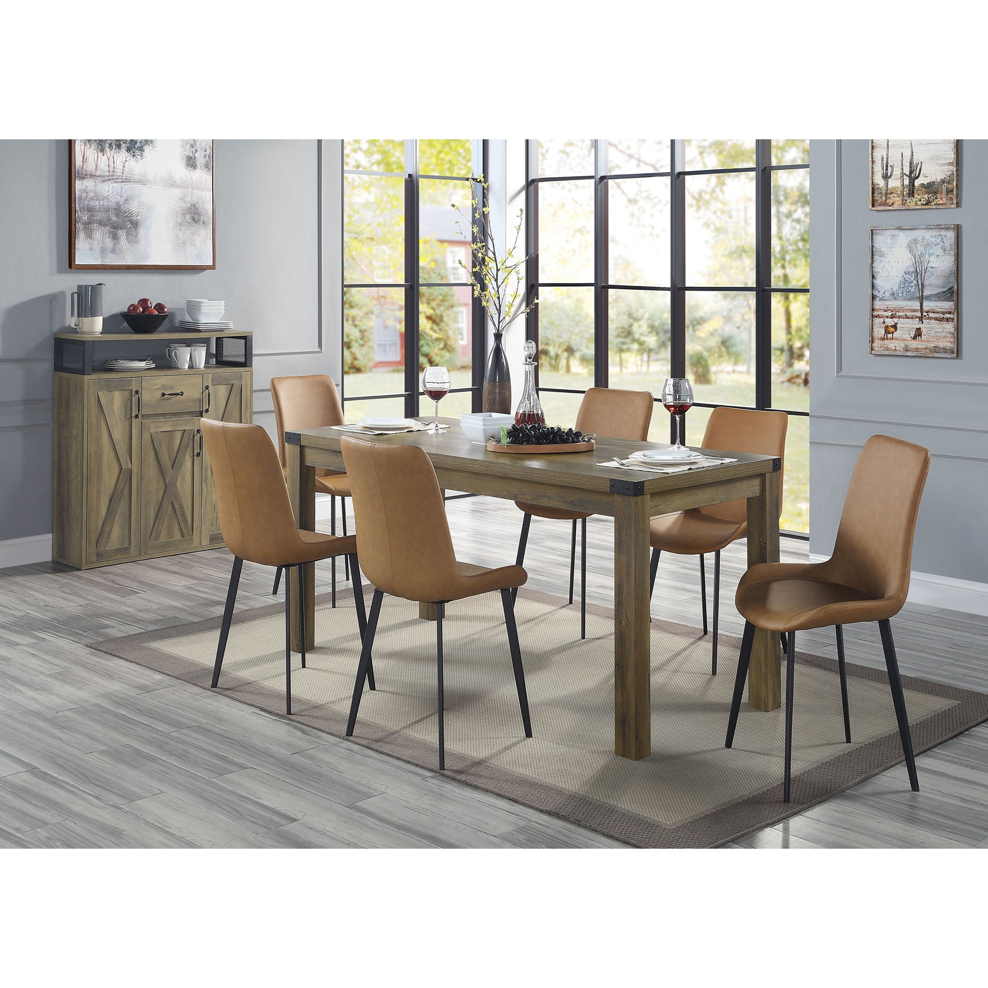 Tan upholstered dining chairs with black metal legs surround a rustic wood dining table
