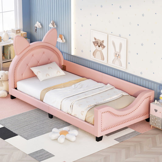 TREATLIFE HOME Twin Size Upholstered Daybed with Ears Shaped Headboard, Sturdy Frame, Pink